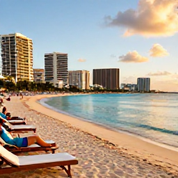 Caribbean Holidays, August City Breaks, Golden Caribbean beach near a city at sunset, with calm turquoise water, sun loungers and visitors relaxing after sightseeing