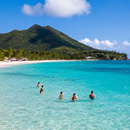 Caribbean Holidays, August City Breaks, Travellers snorkelling in clear turquoise water beside a tropical beach in the United States Virgin Islands during August