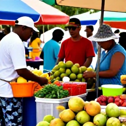Caribbean Holidays, August Cooking Holidays, Bustling Caribbean market in August with tropical fruit, vegetables, spices and friendly local vendors