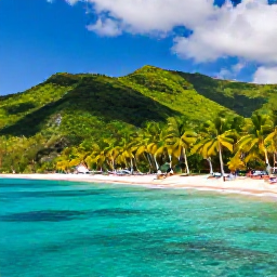 Caribbean Holidays, August Cooking Holidays, Generic scenic photograph of a Caribbean island destination with palm-fringed beach, turquoise water and lush green hills