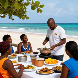 Caribbean Holidays, August Cooking Holidays, Open-air Caribbean cooking class beside a beach, with a chef demonstrating seafood dishes in a relaxed island setting