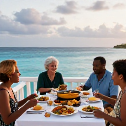 Caribbean Holidays, August Cooking Holidays, Relaxed Caribbean evening with travellers sharing a freshly cooked meal on a terrace overlooking the sea