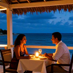 Caribbean Holidays, August Couples Holidays, A couple enjoying a candlelit dinner at a relaxed open-air restaurant overlooking the Caribbean Sea on a warm August evening