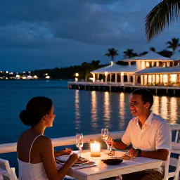 Caribbean Holidays, August Couples Holidays, A couple enjoying a candlelit dinner at a relaxed waterfront restaurant in Tortola, harbour lights and tropical evening atmosphere