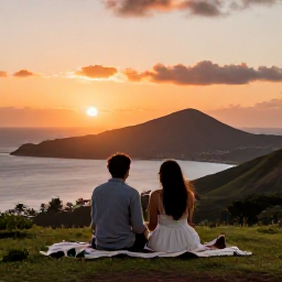 Caribbean Holidays, August Couples Holidays, A couple enjoying a romantic sunset picnic overlooking Montserrat&rsquo;s coastline, with orange skies, volcanic hills and the Caribbean Sea
