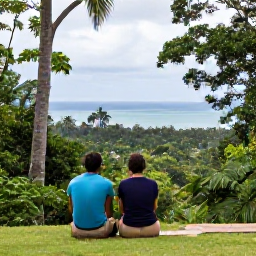 Caribbean Holidays, August Couples Holidays, A couple exploring the lush Main Ridge rainforest in Tobago with tropical trees and a distant sea view