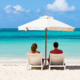 Caribbean Holidays, August Couples Holidays, A couple relaxing beneath a beach umbrella beside clear turquoise water at Pigeon Point, Tobago