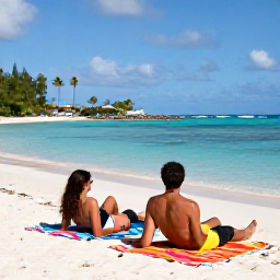 Caribbean Holidays, August Couples Holidays, A couple relaxing on a quiet beach in Saint Barth&eacute;lemy, colourful beach towels, calm turquoise water and palm trees