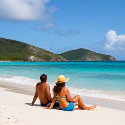 Caribbean Holidays, August Couples Holidays, A couple relaxing on a quiet white-sand beach in the British Virgin Islands during a sunny August afternoon, turquoise sea and green hills in the background