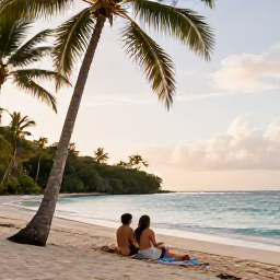 Caribbean Holidays, August Couples Holidays, A couple relaxing together on a quiet Saint Lucia beach in August, with palm trees, turquoise sea and soft morning light