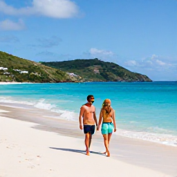 Caribbean Holidays, August Couples Holidays, A couple strolling along a sunny white-sand beach in Saint Barth&eacute;lemy in August, turquoise sea and green hills in the background