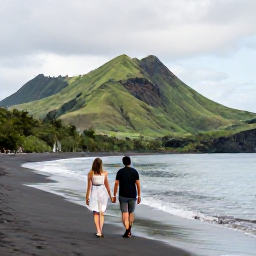 Caribbean Holidays, August Couples Holidays, A couple walking hand in hand along a quiet black-sand beach in Montserrat in August, with green volcanic hills and calm Caribbean water