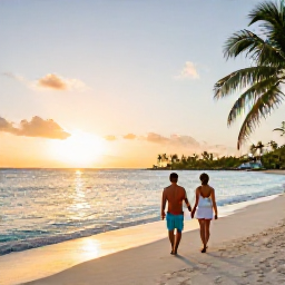 Caribbean Holidays, August Couples Holidays, A couple walking hand in hand along a quiet Caribbean beach at sunset on Saint Martin, with calm turquoise water and palm trees