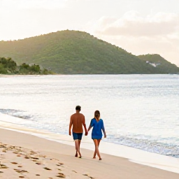 Caribbean Holidays, August Couples Holidays, A couple walking hand in hand along a quiet golden beach on Saint Kitts at sunrise, calm Caribbean sea and green hills in the background