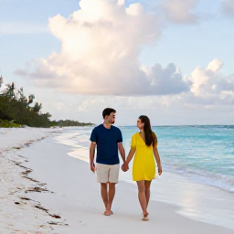 Caribbean Holidays, August Couples Holidays, A couple walking hand in hand along the bright white sands of Grace Bay Beach in Turks and Caicos under a warm August sky
