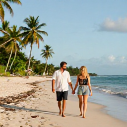 Caribbean Holidays, August Couples Holidays, A relaxed couple walking hand in hand along a palm-fringed beach in Tobago in warm August sunshine