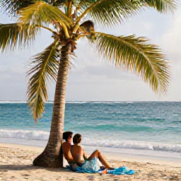 Caribbean Holidays, August Couples Holidays, A romantic couple relaxing beneath a palm tree beside a quiet beach on Nevis, turquoise water and small waves in the afternoon light