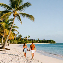Caribbean Holidays, August Couples Holidays, A romantic couple walking along a quiet palm-fringed beach on Saint Vincent in warm August sunshine
