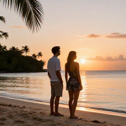 Caribbean Holidays, August Couples Holidays, A stylish couple watching the sunset from a quiet Tobago beachfront with warm evening light