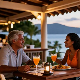 Caribbean Holidays, August Couples Holidays, Couple dining at a relaxed outdoor restaurant in Montserrat, with Caribbean food, local drinks and warm evening lighting