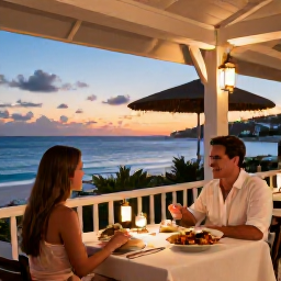Caribbean Holidays, August Couples Holidays, Couple dining at an elegant beachfront restaurant in Grand Case, Saint Martin, with lanterns, fresh seafood and sunset views