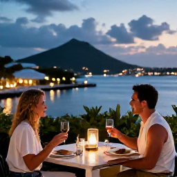Caribbean Holidays, August Couples Holidays, Couple dining at an elegant outdoor restaurant in Gustavia, Saint Barth&eacute;lemy, evening lights and harbour views