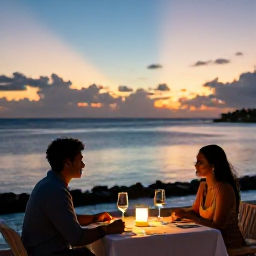 Caribbean Holidays, August Couples Holidays, Couple enjoying a candlelit dinner at a Caribbean restaurant overlooking the sea at sunset in August