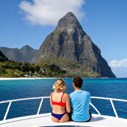 Caribbean Holidays, August Couples Holidays, Couple enjoying a scenic boat cruise along the Saint Lucia coastline, with the Pitons, blue sea and tropical landscape in view