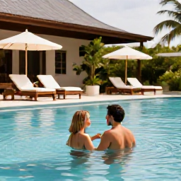 Caribbean Holidays, August Couples Holidays, Couple enjoying a stylish Caribbean resort pool and spa surroundings during a warm August afternoon