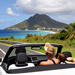 Caribbean Holidays, August Couples Holidays, Couple exploring a scenic coastal road in Saint Barth&eacute;lemy by small open-top car, tropical hills and blue sea