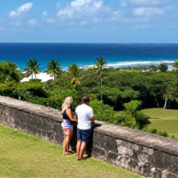 Caribbean Holidays, August Couples Holidays, Couple exploring the historic Brimstone Hill Fortress on Saint Kitts, stone walls, tropical greenery and wide ocean views