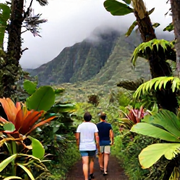 Caribbean Holidays, August Couples Holidays, Couple hiking through lush Montserrat rainforest with tropical plants, misty volcanic slopes and a local guide