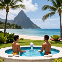 Caribbean Holidays, August Couples Holidays, Couple relaxing at a Saint Lucia resort spa overlooking tropical gardens and the Caribbean Sea