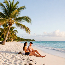 Caribbean Holidays, August Couples Holidays, Couple relaxing on a quiet Caribbean beach in August, turquoise sea, soft white sand, palm trees and warm afternoon light