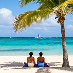 Caribbean Holidays, August Couples Holidays, Couple relaxing on a shaded beach under palm trees on Saint Martin, with turquoise sea and a small sailboat in the distance