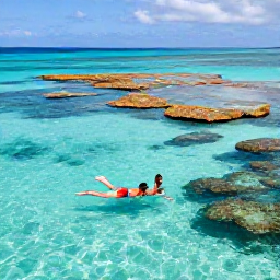 Caribbean Holidays, August Couples Holidays, Couple swimming and snorkelling in clear Caribbean water near a colourful coral reef on a sunny August day
