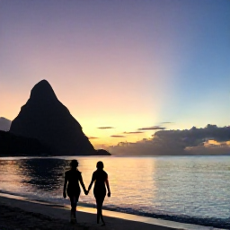 Caribbean Holidays, August Couples Holidays, Couple walking hand in hand along Reduit Beach in Saint Lucia at sunset, with calm water and a colourful sky