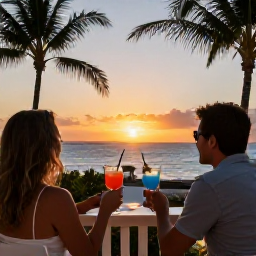 Caribbean Holidays, August Couples Holidays, Romantic Caribbean evening on a balcony overlooking Saint Martin, with two drinks, palm trees and a glowing sunset over the sea