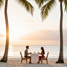 Caribbean Holidays, August Couples Holidays, Romantic outdoor dinner for two beside a beach in Providenciales, Turks and Caicos, with palm trees and a soft sunset glow