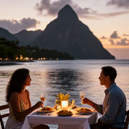 Caribbean Holidays, August Couples Holidays, Romantic Saint Lucia dinner for two at a waterfront restaurant, with local food, candles and evening views