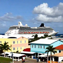 Caribbean Holidays, August Cruises, A colourful Caribbean port with pastel buildings, palm trees, local market stalls and a cruise ship in the harbour