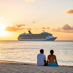 Caribbean Holidays, August Cruises, A couple enjoying a relaxed sunset on a Grand Turk beach after a day of cruising, with calm sea and a cruise ship offshore