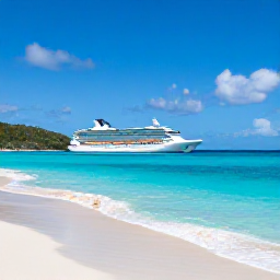 Caribbean Holidays, August Cruises, A cruise ship or elegant sailing yacht anchored beside a quiet white-sand beach in the British Virgin Islands