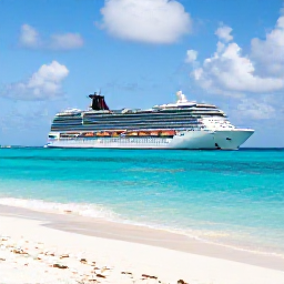 Caribbean Holidays, August Cruises, A modern cruise ship approaching the turquoise waters and white-sand beaches of Grand Turk, Turks and Caicos, under a bright August sky