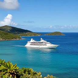 Caribbean Holidays, August Cruises, A stylish yacht sailing past the green islands and turquoise waters of the British Virgin Islands in bright August sunshine