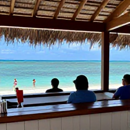 Caribbean Holidays, August Cruises, A tropical August afternoon in Turks and Caicos with a shaded beach bar, calm turquoise sea and holidaymakers enjoying a relaxed island atmosphere