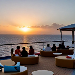 Caribbean Holidays, August Cruises, Cruise passengers enjoying a relaxed evening on a ship deck, sunset over the Caribbean, comfortable seating and calm sea
