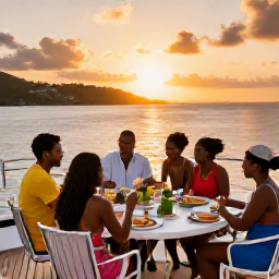 Caribbean Holidays, August Cruises, Friends enjoying a relaxed dinner on the deck of a yacht at sunset among the British Virgin Islands