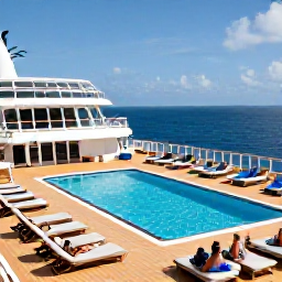 Caribbean Holidays, August Cruises, Passengers relaxing on a sunlit cruise ship deck with a swimming pool, loungers and views of the Caribbean Sea