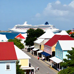 Caribbean Holidays, August Cruises, Visitors exploring colourful Charlotte Amalie streets, historic Danish buildings, small shops and harbour views on a sunny Caribbean day